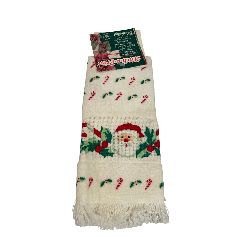 Charles Craft Stitch-a-Print Hand Towel Kit White Santa Candy Cane DIY Xmas